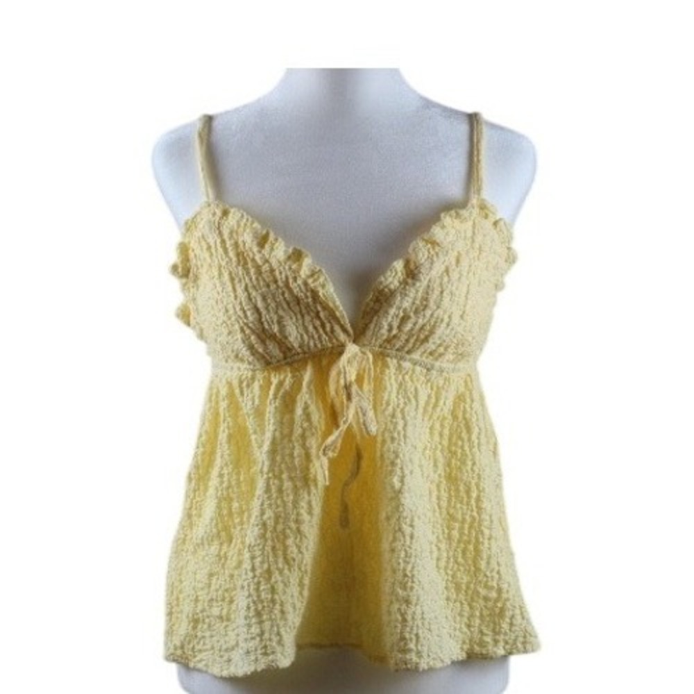 POL Yellow Crinkle Popcorn Textured Babydoll Camisole Tie Front Ruffle Top M